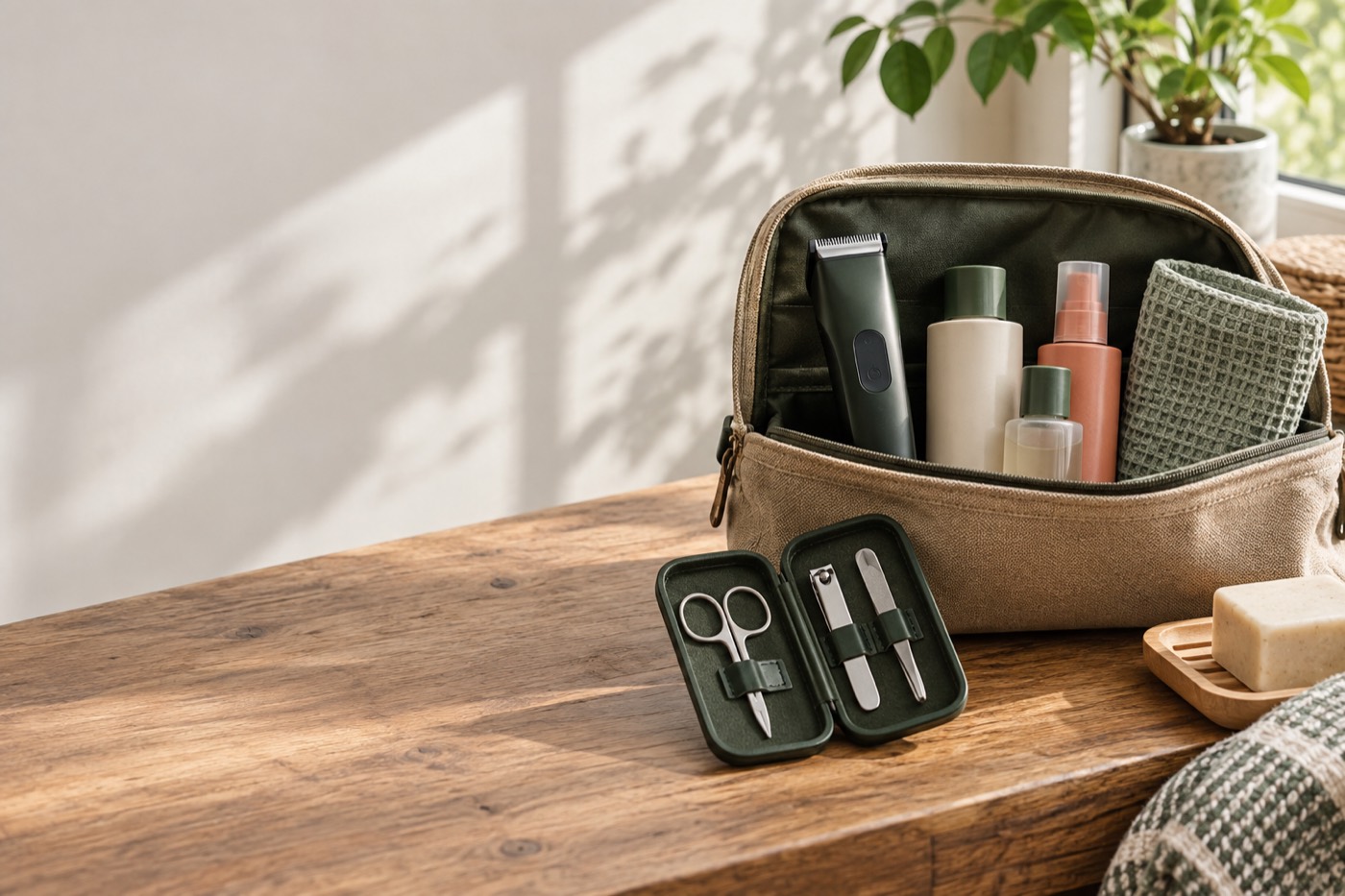 Geöffnete Kulturtasche mit Pflegezubehör und Maniküre-Set