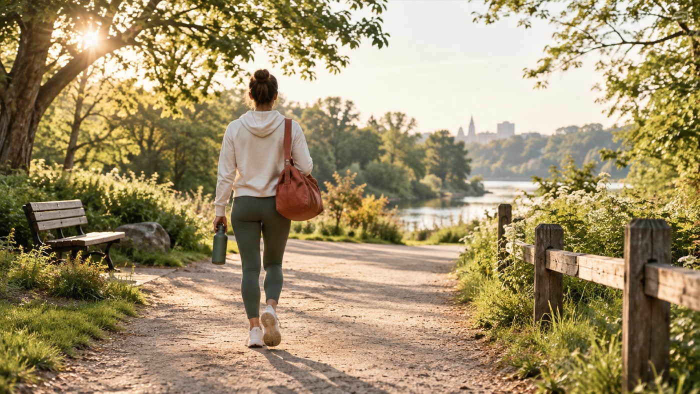 Person geht an einem sonnigen Morgen auf einem Weg im Park