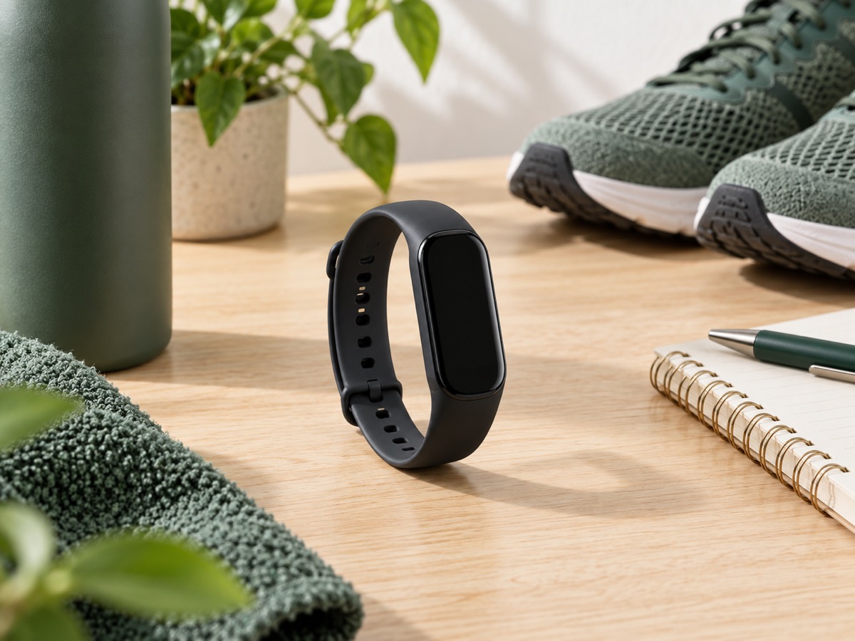 Neutraler Fitness-Tracker mit leerem Display auf einem Schreibtisch