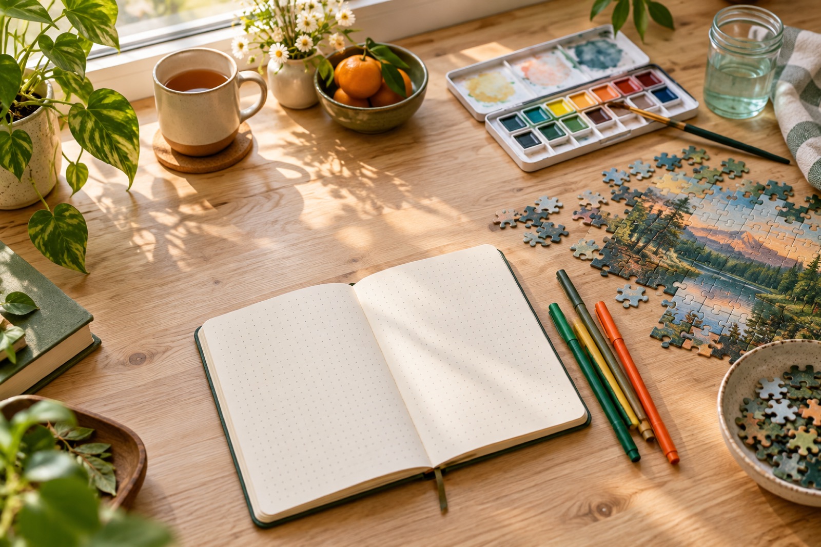 Notizbuch, Stifte, Aquarellfarben und Puzzle auf einem Tisch