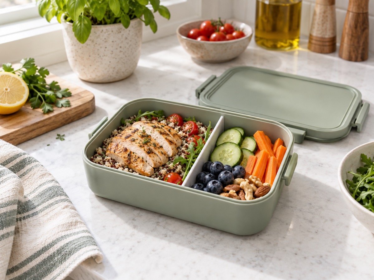 Neutrale Lunchbox mit vorbereiteter Mahlzeit