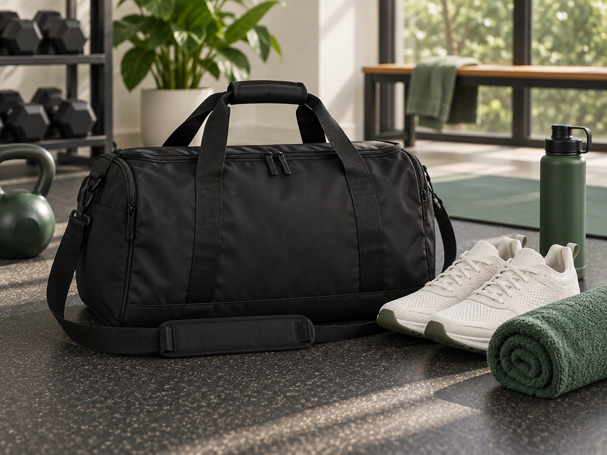 Neutrale schwarze Sporttasche mit Trainingszubehör