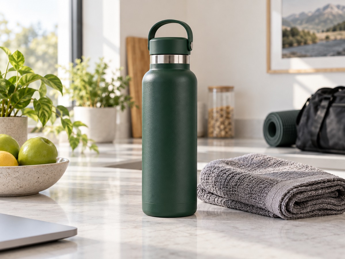 Neutrale Trinkflasche in heller Alltagsumgebung